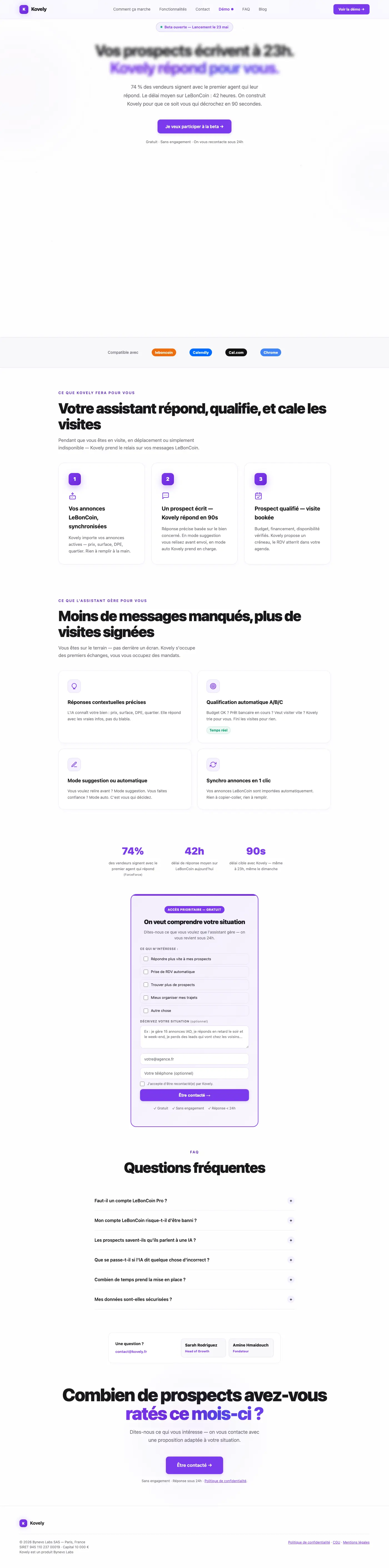 Site Kovely, page d'accueil complète